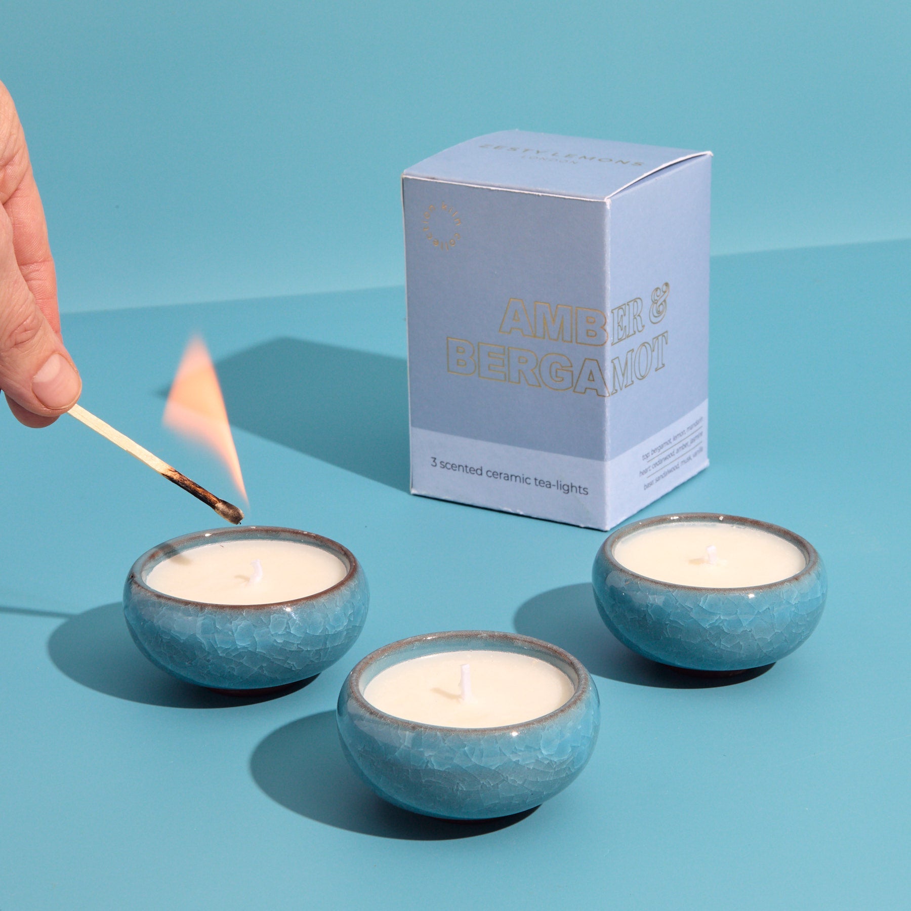 Contemporary Kiln Sky Blue Tea Lights - Amber & Bergamot