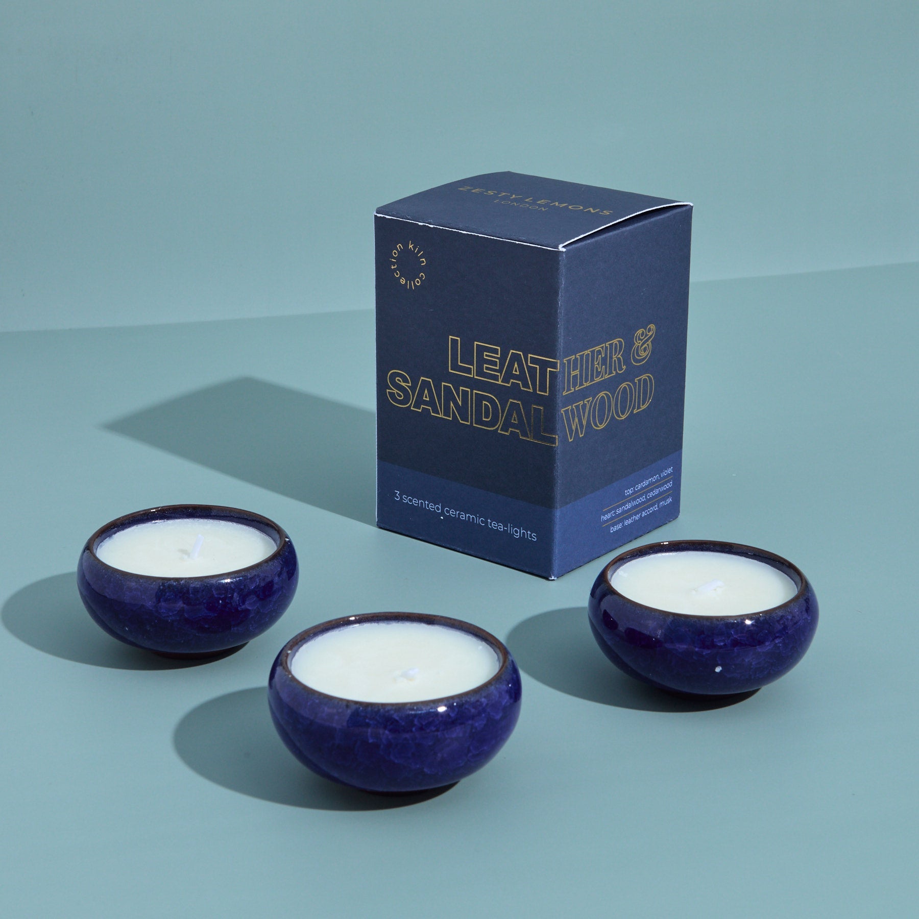 Contemporary Kiln Navy Tea Lights - Leather & Sandalwood