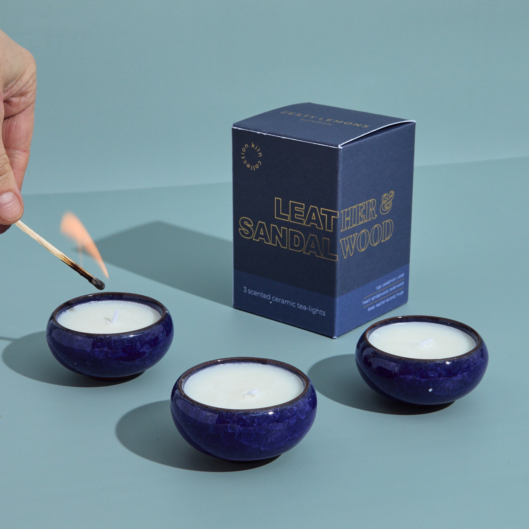 Contemporary Kiln Navy Tea Lights - Leather & Sandalwood