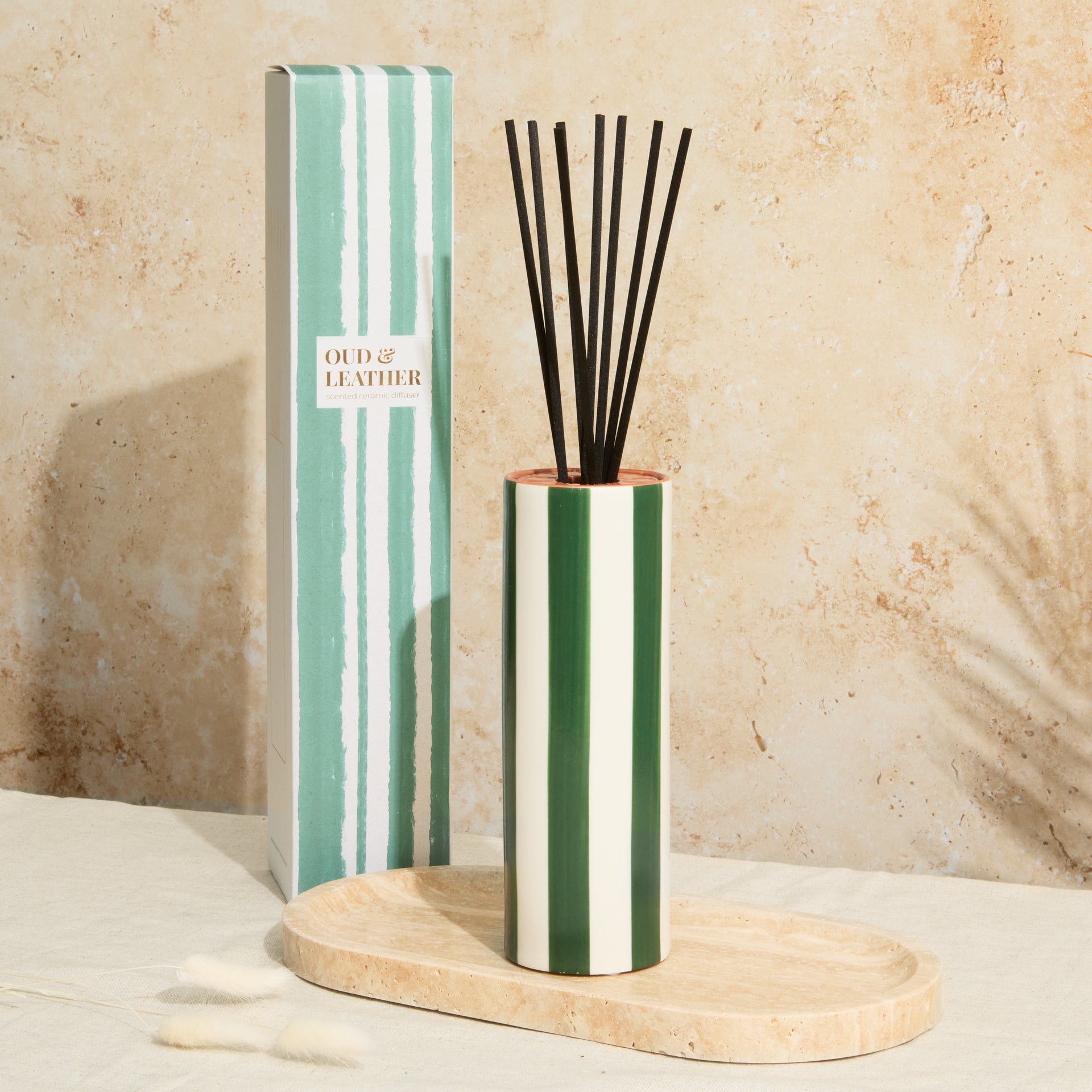 Marrakesh: Olive Striped Diffuser - Oud & Leather
