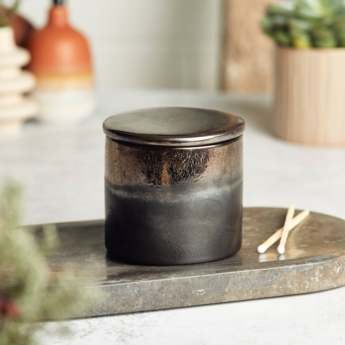 Kiln: Bronze & Graphite Ceramic Candle - Activated Charcoal & Matcha